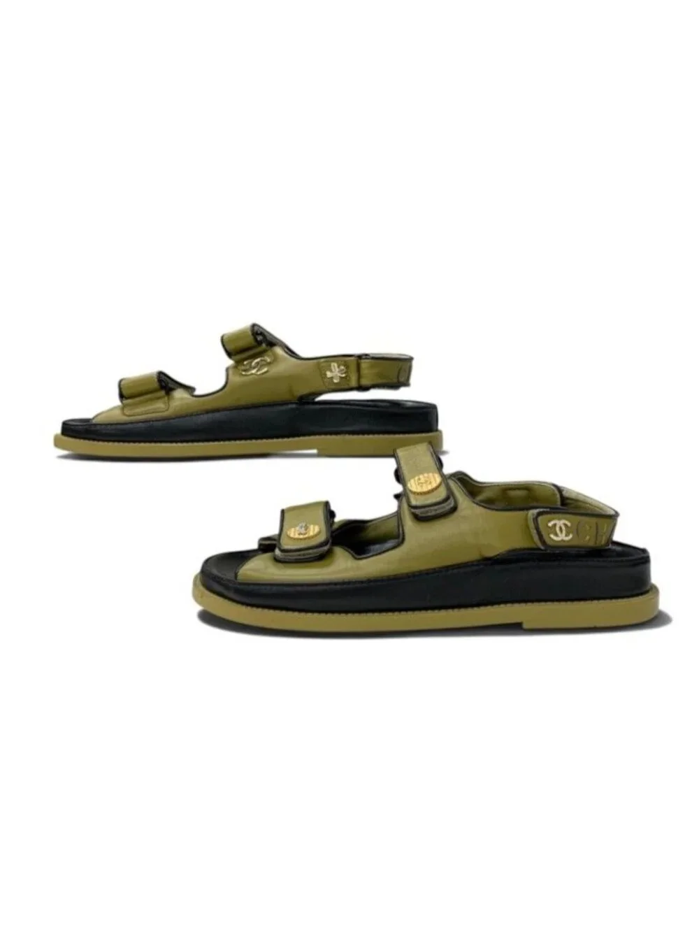 Chanel Sandals Shoes Leather Khaki Black Flat CC Logo Clover Rhinestone Velcro
